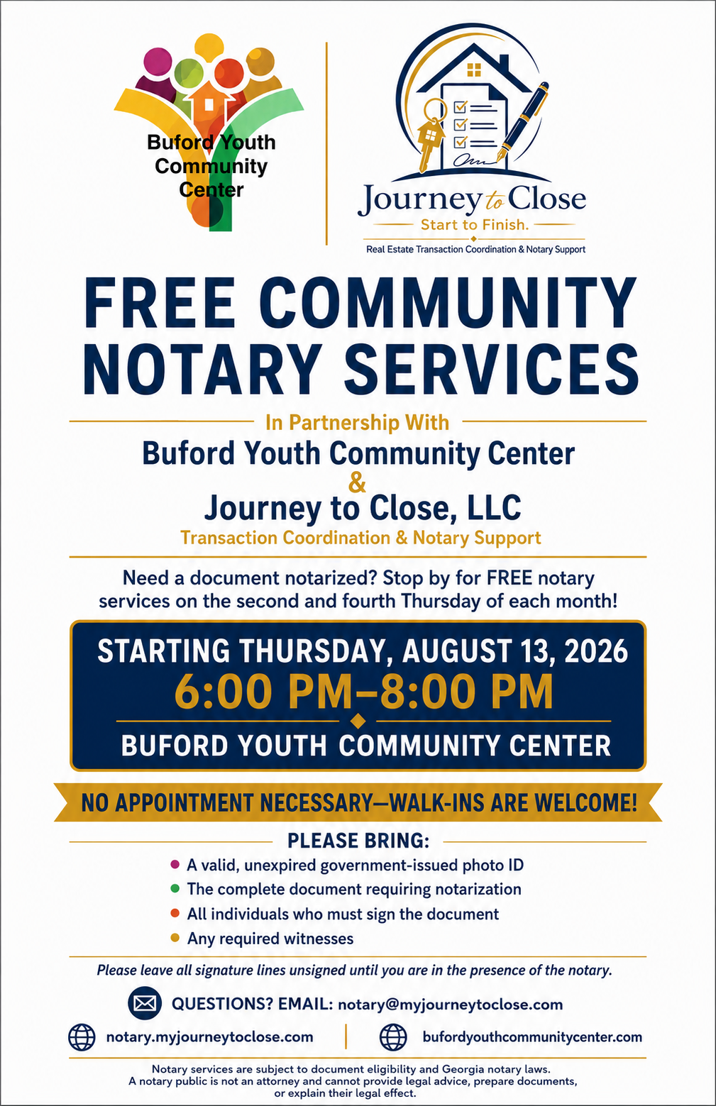 Free Community Notary Services flyer for the second and fourth Thursday of each month at BYCC