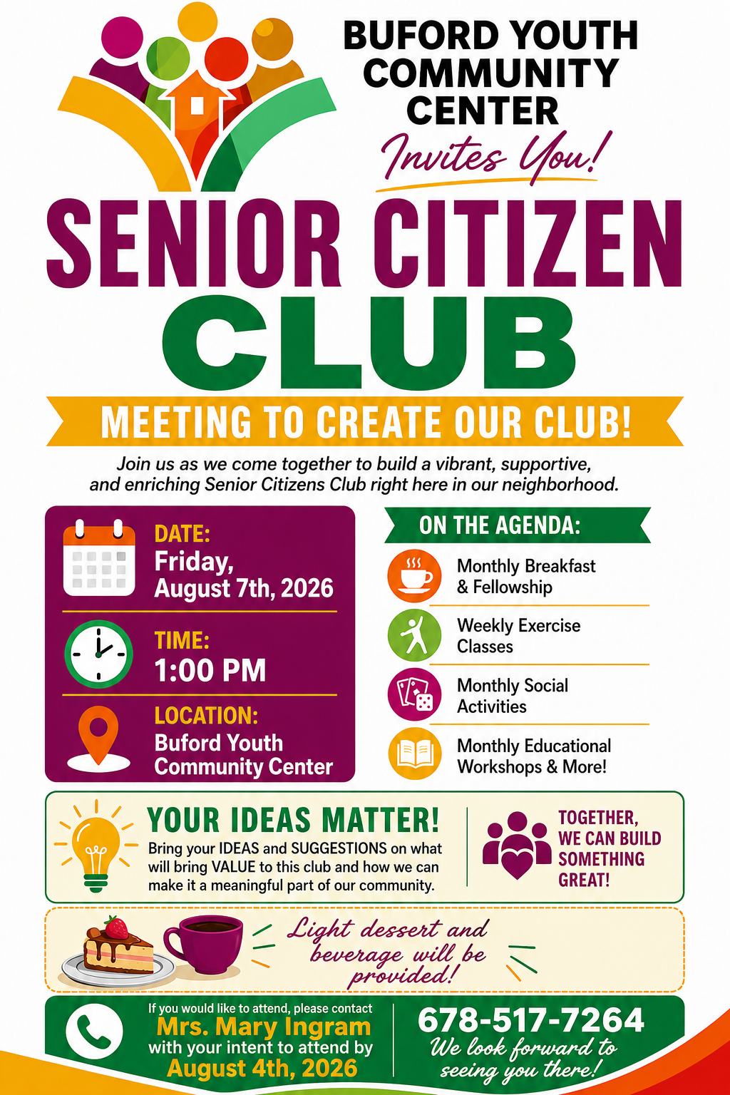 Senior Citizen Club meeting flyer for August 7, 2026 at 1:00 PM